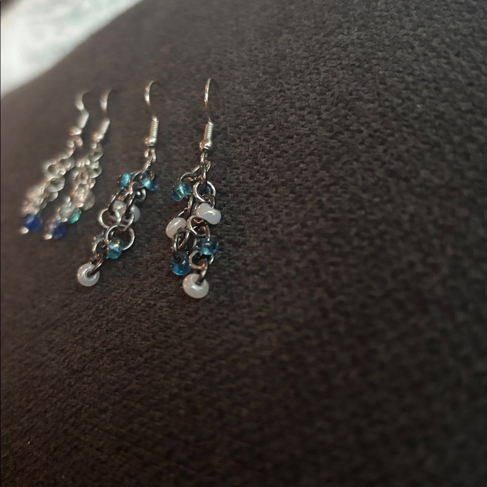 Silver and Blue Beaded Dangle Earrings- hand crafted - Picture 6 of 12